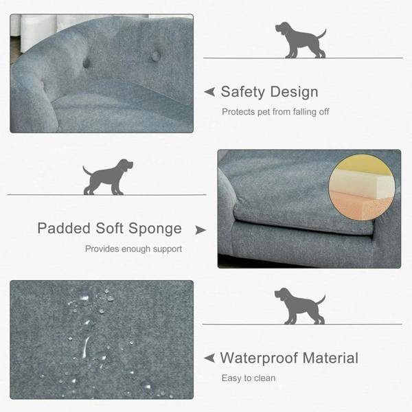 Grey pet sofa bed with padded cushion and water-resistant fabric, shown with droplets
