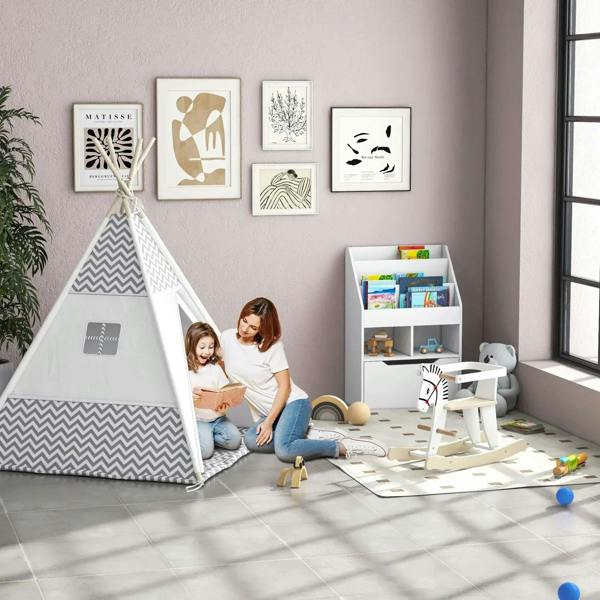 White kids book shelf and toy organizer with open shelves and pull-out drawer for kids