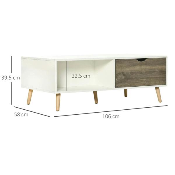 White coffee table showing dimensions, two drawers, open shelf, and angled wood legs