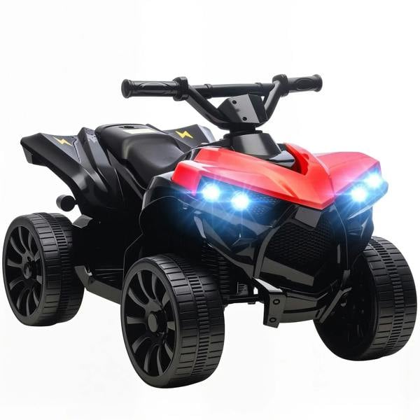 Kids electric ATV ride-on car with red body, black frame, and bright LED headlights