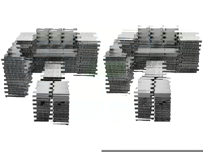 Fimous Outdoor Rattan Garden Furniture Set 6 Seater Patio Sofa Set with Armchair Square Coffee 2 Table Side Table 2 Small Footstools Dark Grey Mixed