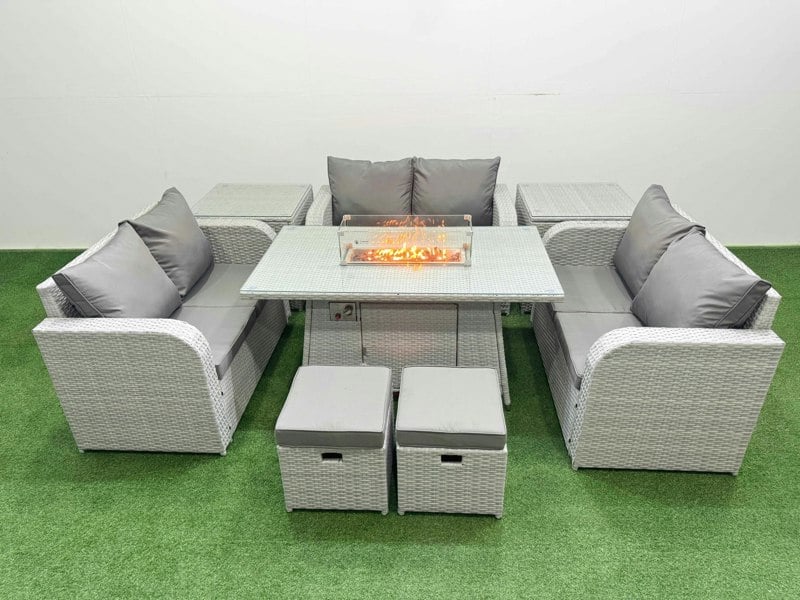 Fimous 8 Seater PE Wicker Rattan Furniture Sofa Sets with Fire Pit Dining Table 2 Seater Love Sofa 2 Stool 2 Side Table Light Grey