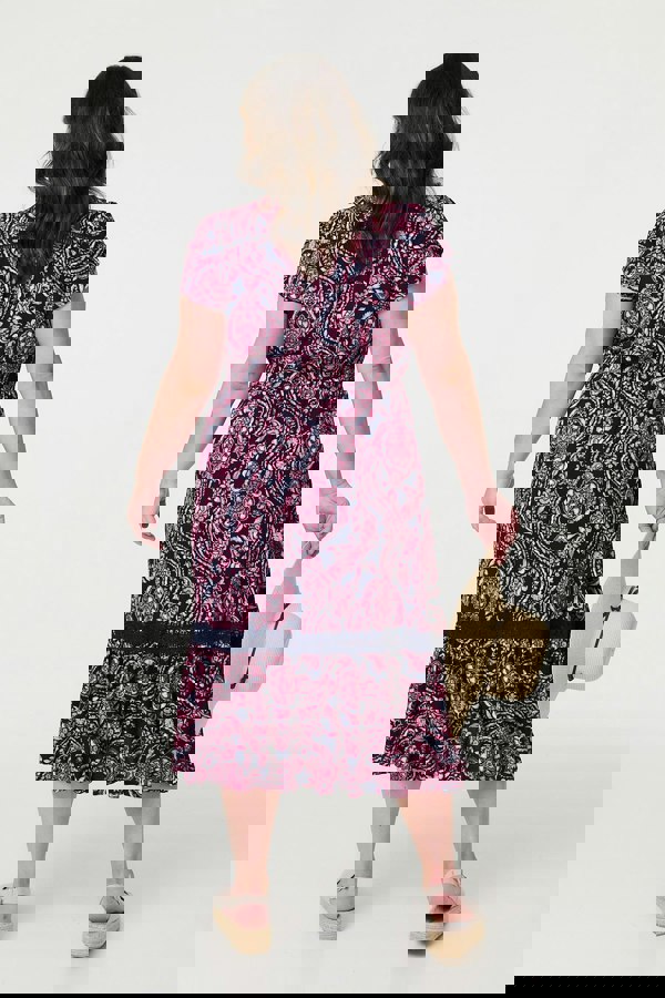 Navy | Printed Short Sleeve Lace Trim Midi Dress