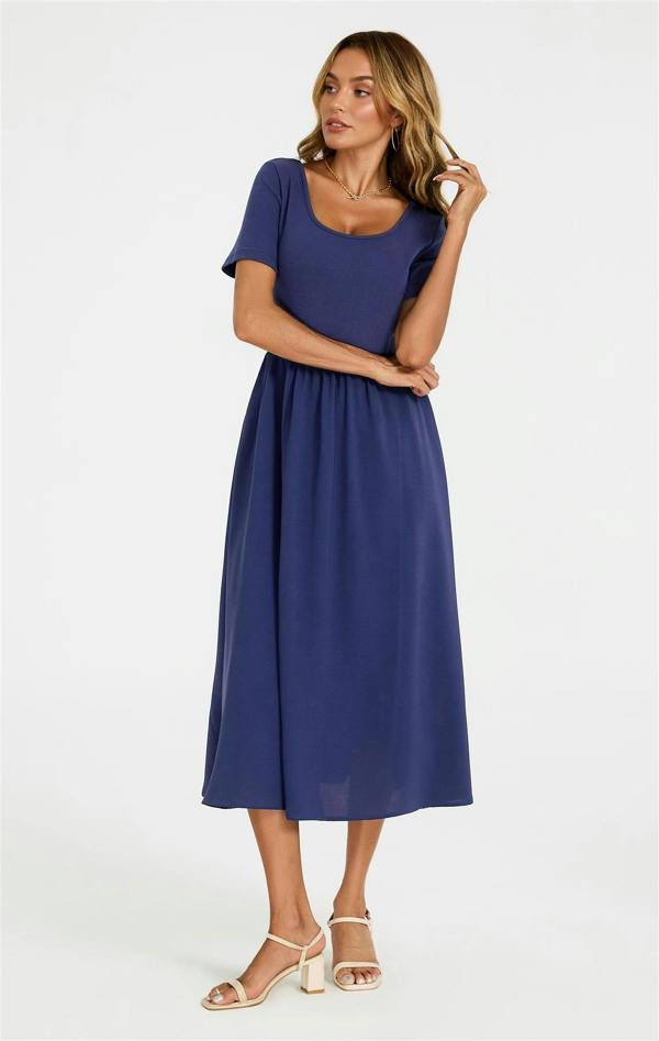 FS Collection Short Sleeve Jersey Bodice Midi Dress with Pockets In Navy