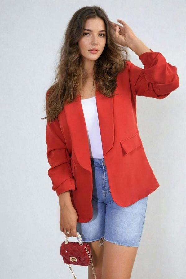 Valerie Ruched Sleeve Open Front Blazer Jacket With Front Pockets - Red