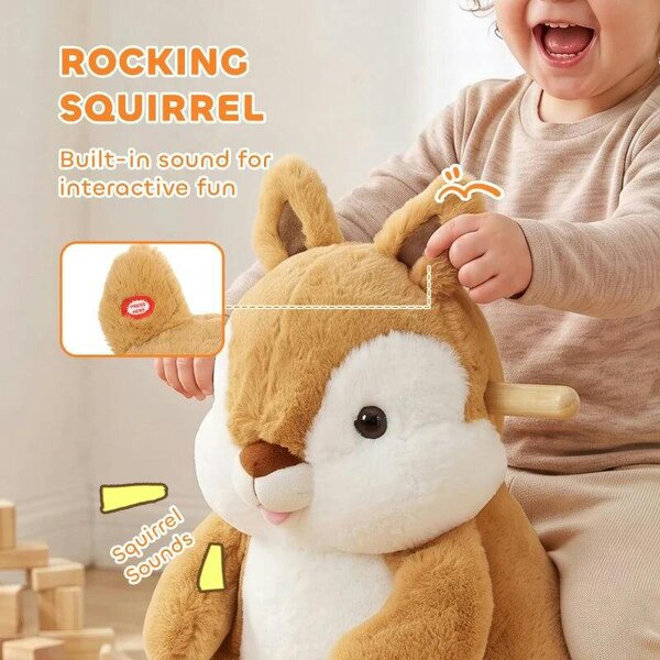 Rocking Horse, Stable Plush Ride on Horse Squirrel Design with Animal Sounds, Security Belt for Toddlers 1-3 Y, Brown