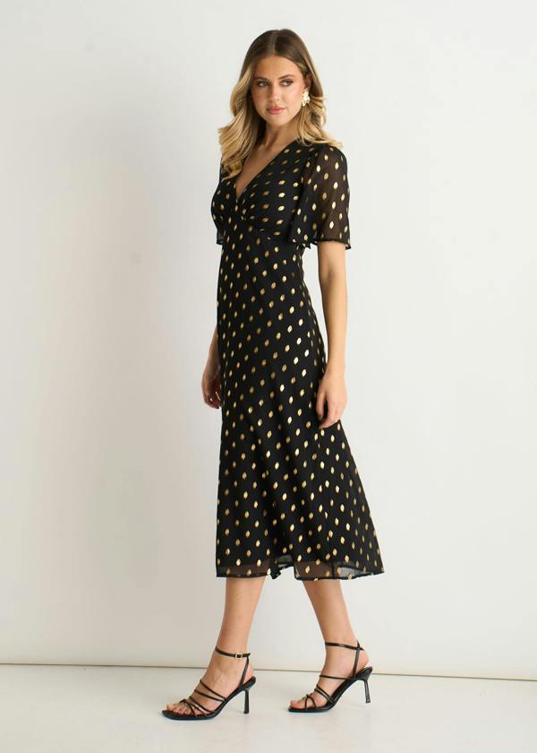 Gini London Black V Neck Foil Midi Skater Dress