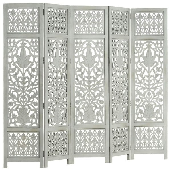 Berkfield Hand Carved 5-Panel Room Divider Grey 200x165 cm Solid Mango Wood
