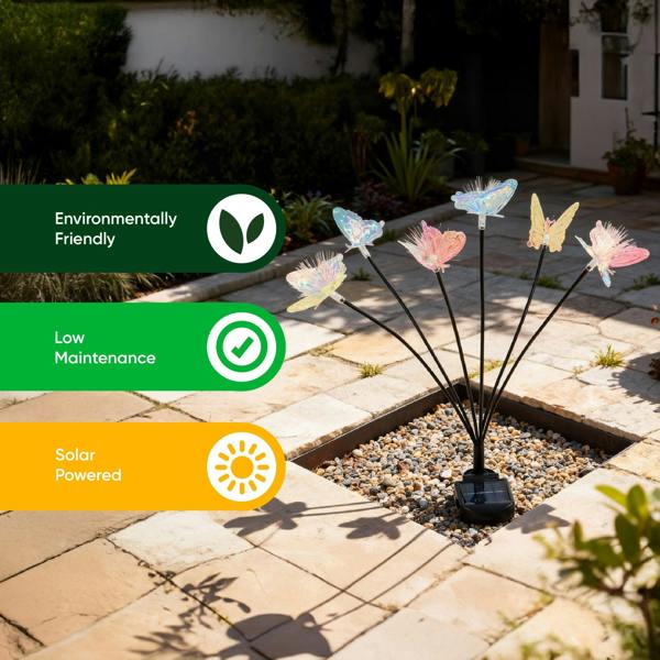 Gardenwize Solar Iridescent Butterfly Stake Light – 6 Butterfly Warm White LED Garden Light