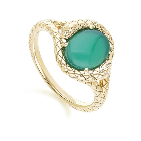 Gemondo ECFEW™ Oval dyed green chalcedony snake two-headed coiled bezel-set cabochon ring in gold vermeil sterling silver