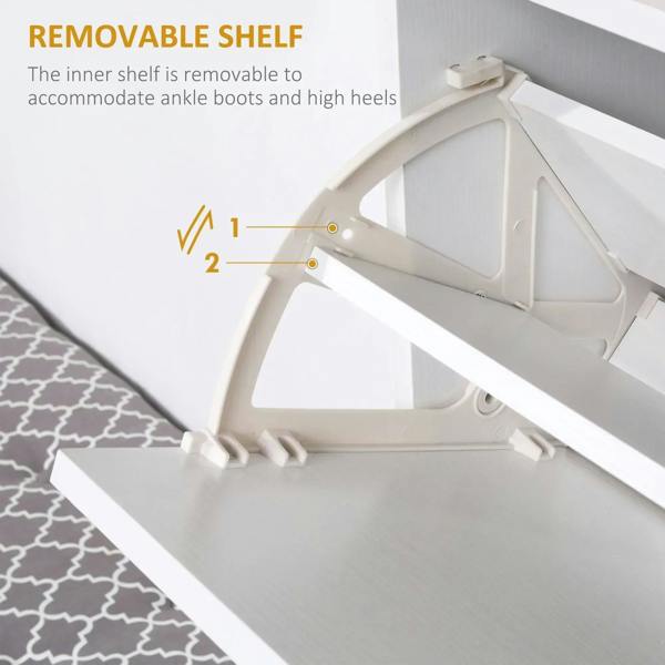 White shoe cabinet with removable inner shelf and flip-door hinge detail