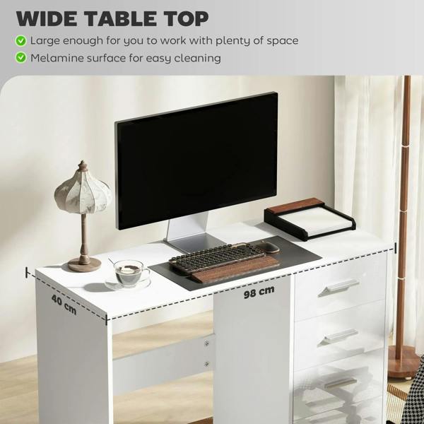White computer desk with wide tabletop and side drawers, monitor and keyboard on top