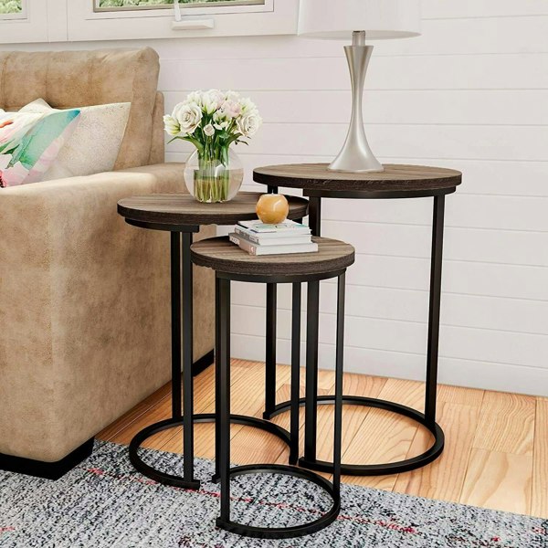 Rafaelo Mobilia Set Of 3 Round Wooden Nesting Tables Brown