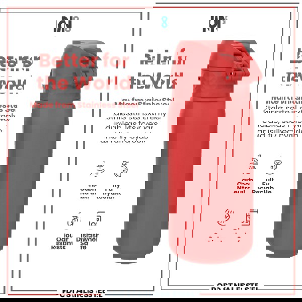 A red, stainless steel water bottle sits against a white background; it is described as durable, recyclable, odour resistant, and dishwasher safe.