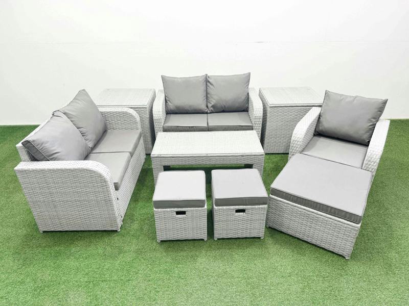 Fimous 3 Stools Rattan Lounge Set, High Back Poly Rattan, Reclining Loveseat, Oblong Coffee Table and 2 Side Tables, Light Grey