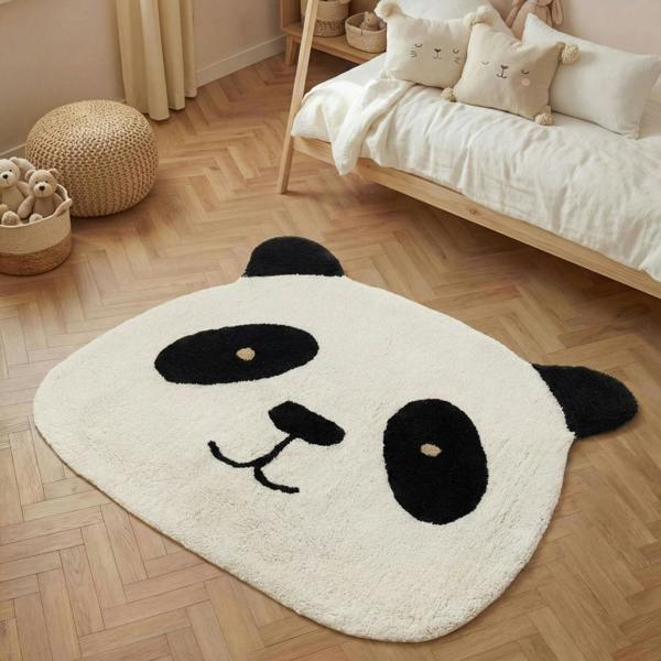 Panda-shaped rug on a wooden floor with a bed and decorative items in the background