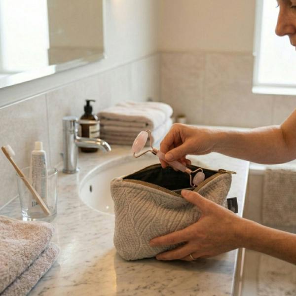 Gray ribbed toiletry bag pouch being opened with zipper
