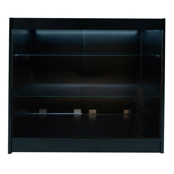 Black Apollo LED shop counter set with glass shelves, sleek design, and illuminated interior, perfect for retail displays