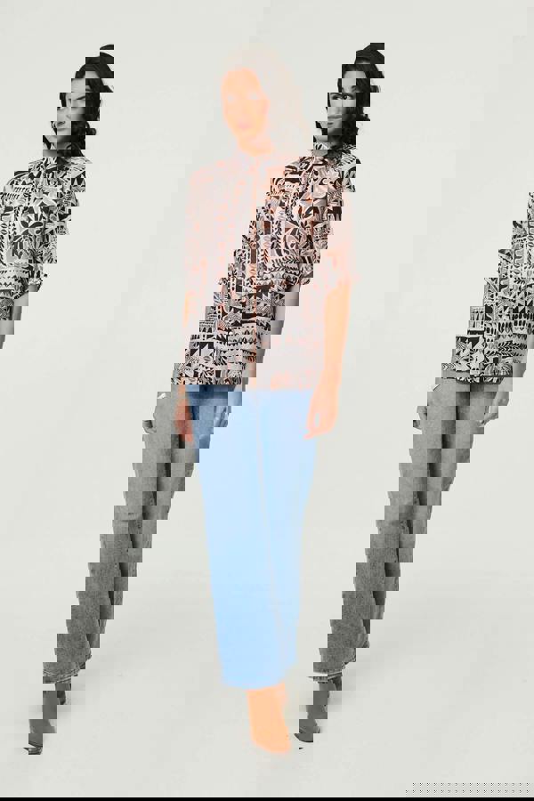 Brown | Abstract 3/4 Sleeve High Neck Shirt