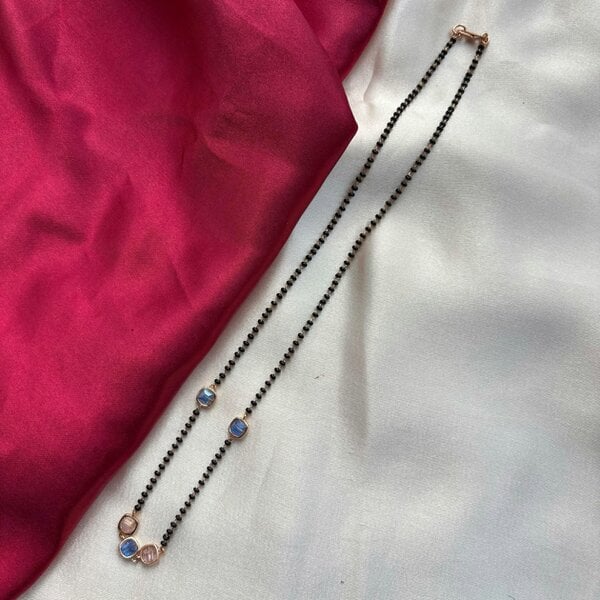 The Colourful Aura Black bead 18ct gold plated blue stone slim mangalsutra Pendant Necklace