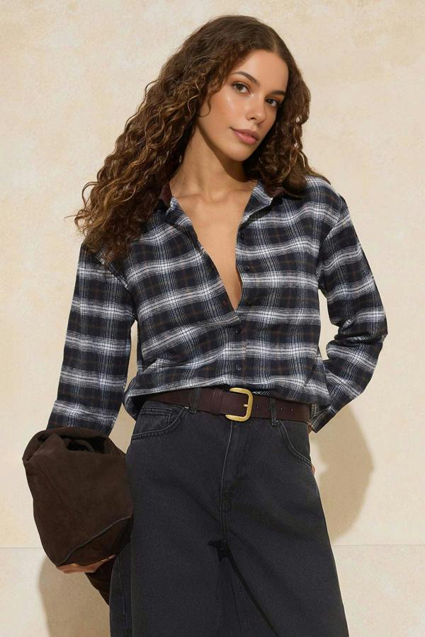 WOVCOR Argyle Ribbed Collar Oversize Flannel Shirt