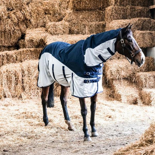 eQuitack 600D 2 in 1 Waterproof Fly Turnout Mesh Horse Rug Fixed Neck Navy/Silver 5'6''