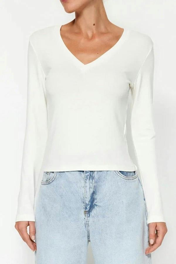 WOVCOR V-Neck Fitted Knit Blouse