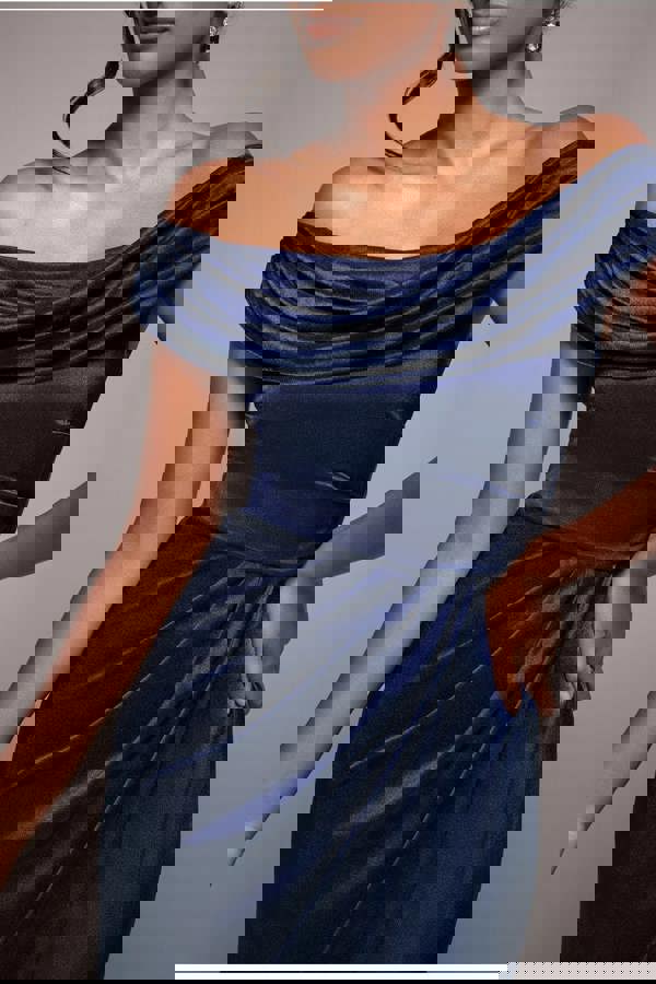 Cowl Bardot Satin Twill Maxi Dress - Navy DR4010