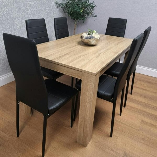 Kosy Koala Oak Effect Dining Table Set With 6 Black Faux Leather Chairs Dining Room Furniture