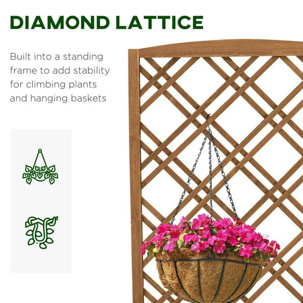 Brown wooden diamond lattice trellis for climbing plants and hanging baskets