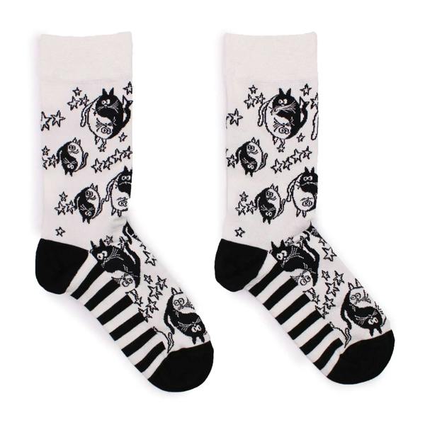 Bamboo crew socks in white with black cat yin-yang faces, stars, and striped toe