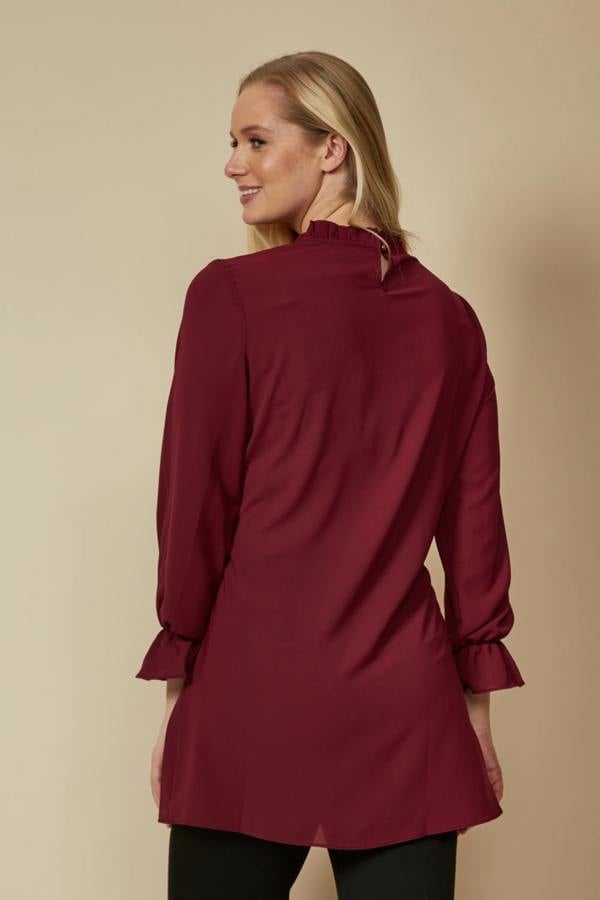 Hoxton Gal Oversized Tie Ruffle Neck with Tie Waist Detailed Top in Burgundy