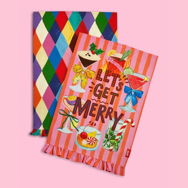 Eleanor Bowmer Let's Get Merry Cotton Kitchen Tea Towel Pack of 2 Bright