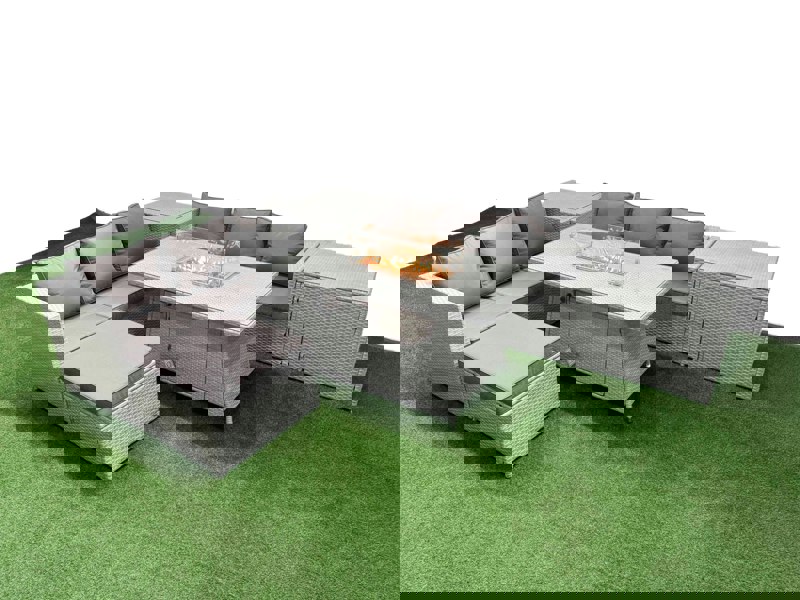 Fimous 7 Seat PE Rattan Lounge Sofa Set Outdoor Garden Furniture Set with Fire Pit Dining Table 3 Seater Sofa Big Stool 2 Side Tables Light Grey