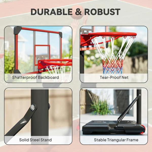 Durable basketball hoop with shatterproof backboard, tear-proof net, and solid steel stand