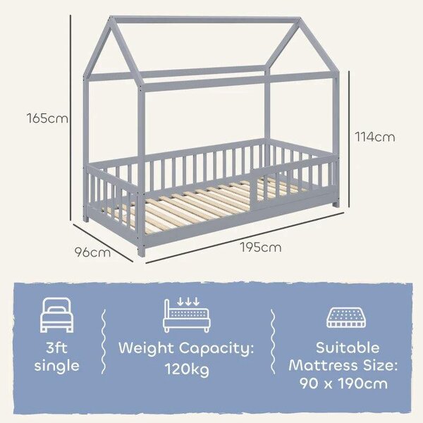 House-Shaped Kids Bed Frame with Guard Rails, Solid Pine Wood Single Bed Frame for Kids Boys and Girls, Grey