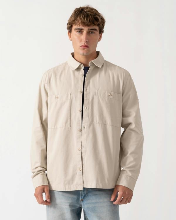 Man wearing Belstaff Mens Outpost Shirt Cotton Herringbone - Pale Stone