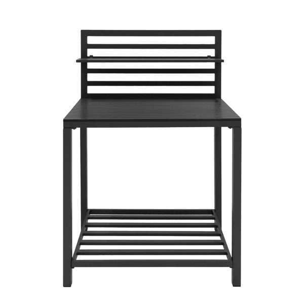 Sleek black aluminium outdoor kitchen set featuring a modern three-piece design with slatted surfaces and sturdy legs