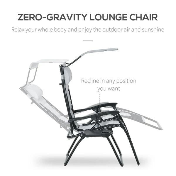 Grey zero-gravity lounge chair with shade cover and reclining padded seat
