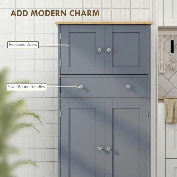Kitchen Cupboard, Modern Freestanding Kitchen Storage Cabinet with Doors and Shelves, Grey Blue