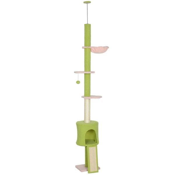 Green adjustable cat tree with hammock, stacked platforms, and scratching posts