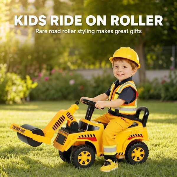 Ride On Tractor, Kids Bulldozer Pull Cart with Horn, Storage, Front Roller, Ride-On Car for Ages 1-4 Years, Yellow