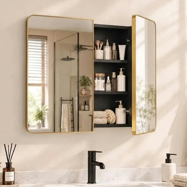 76.2 x 11.6 x 61 cm Bathroom Mirror Cabinet, Wall Cabinet with Adjustable Shelves, Wall-Mounted or Recessed, Gold Tone - Gold Tone
