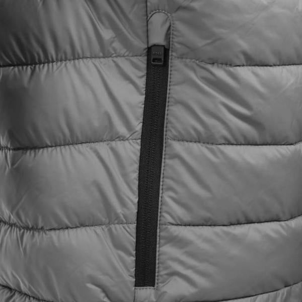 Close-up of a grey BOSS Oden 2 puffer jacket featuring horizontal quilted stitching and a black central zipper.