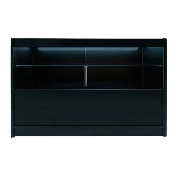 Sleek black Andromeda LED shop counter set with illuminated display, featuring a smooth surface and modern design, ideal for retail use