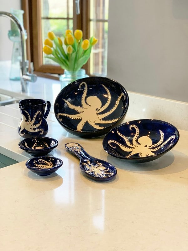Verano Spanish Ceramics Signature - Blue & White Octopus - Large Salad Bowl