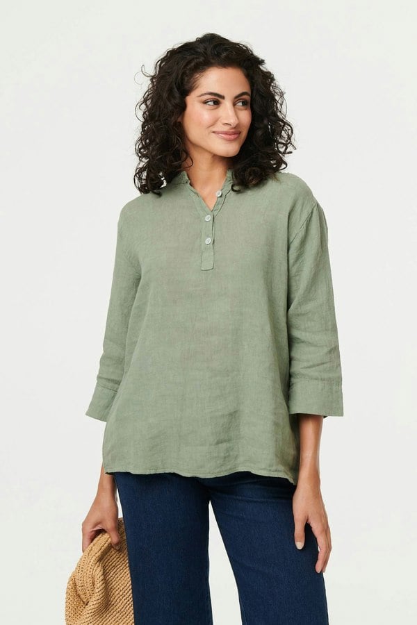 Khaki | Relaxed 3/4 Sleeve Button Neck Blouse
