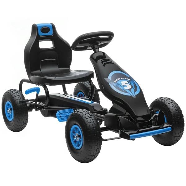 Kids pedal go kart, black body with blue accents and 4 blue inflatable-style wheels