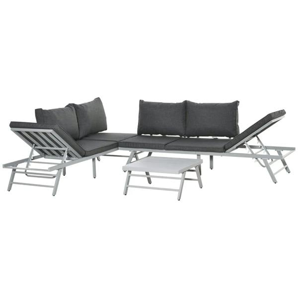 Grey corner patio sectional with padded cushions, adjustable chaise backs, and slatted top table