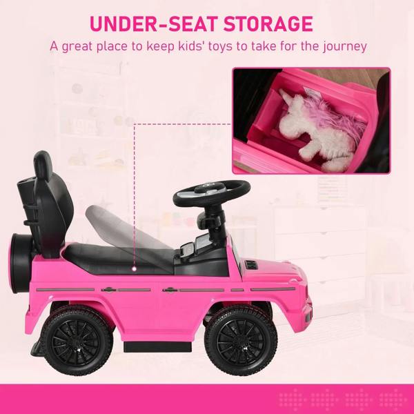 Pink kids ride-on push car with open under-seat storage compartment